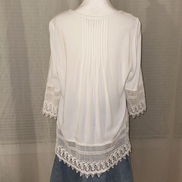 Millers 14 White Button Front Quarter Sleeve Crochet Lace Trim Pleated Blouse - Picture 2 of 8